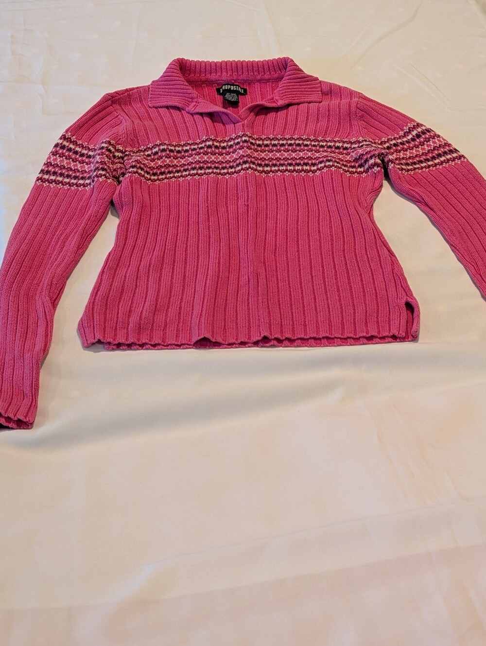 M Aeropostale Pink Ribbed Polo Collar Sweater with Fair Isle Stripe